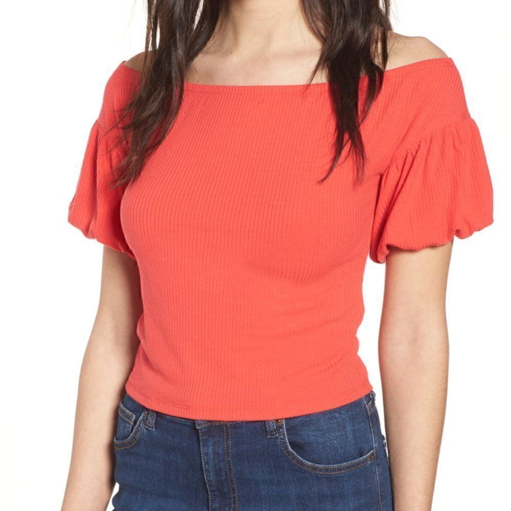 Love Fire Rib Knit Off Shoulder Top Hibiscus